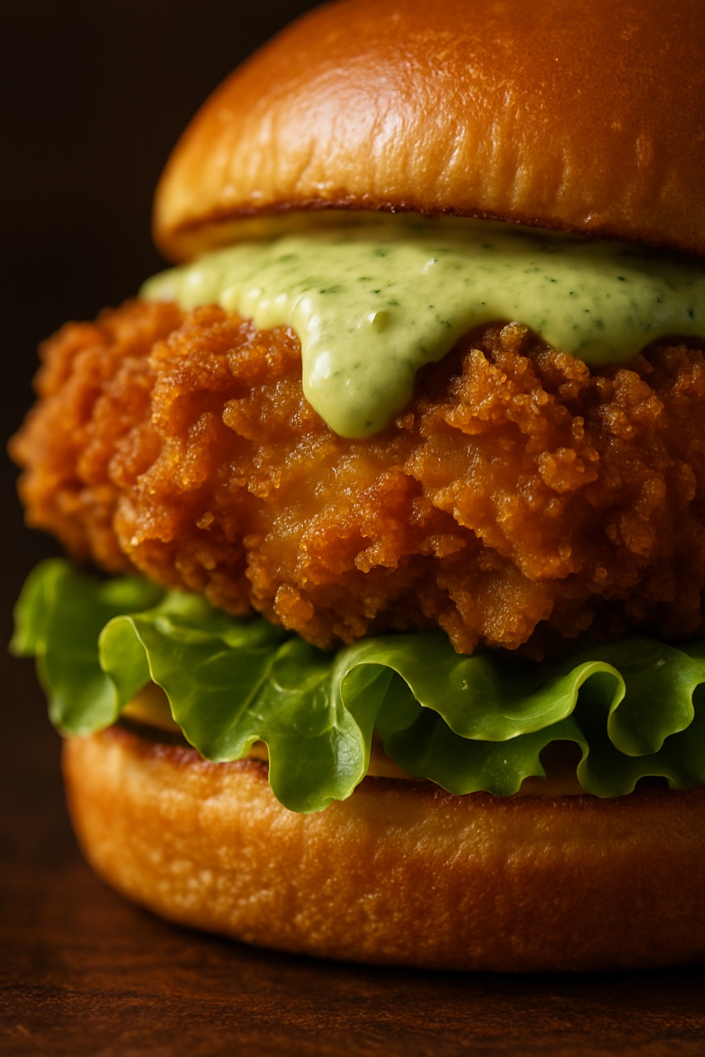 Detalhe do peito de frango empanado crocante com maionese verde artesanal