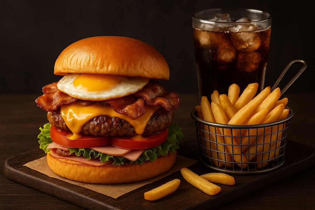 Combo X-Tudo completo com fritas douradas e refrigerante gelado