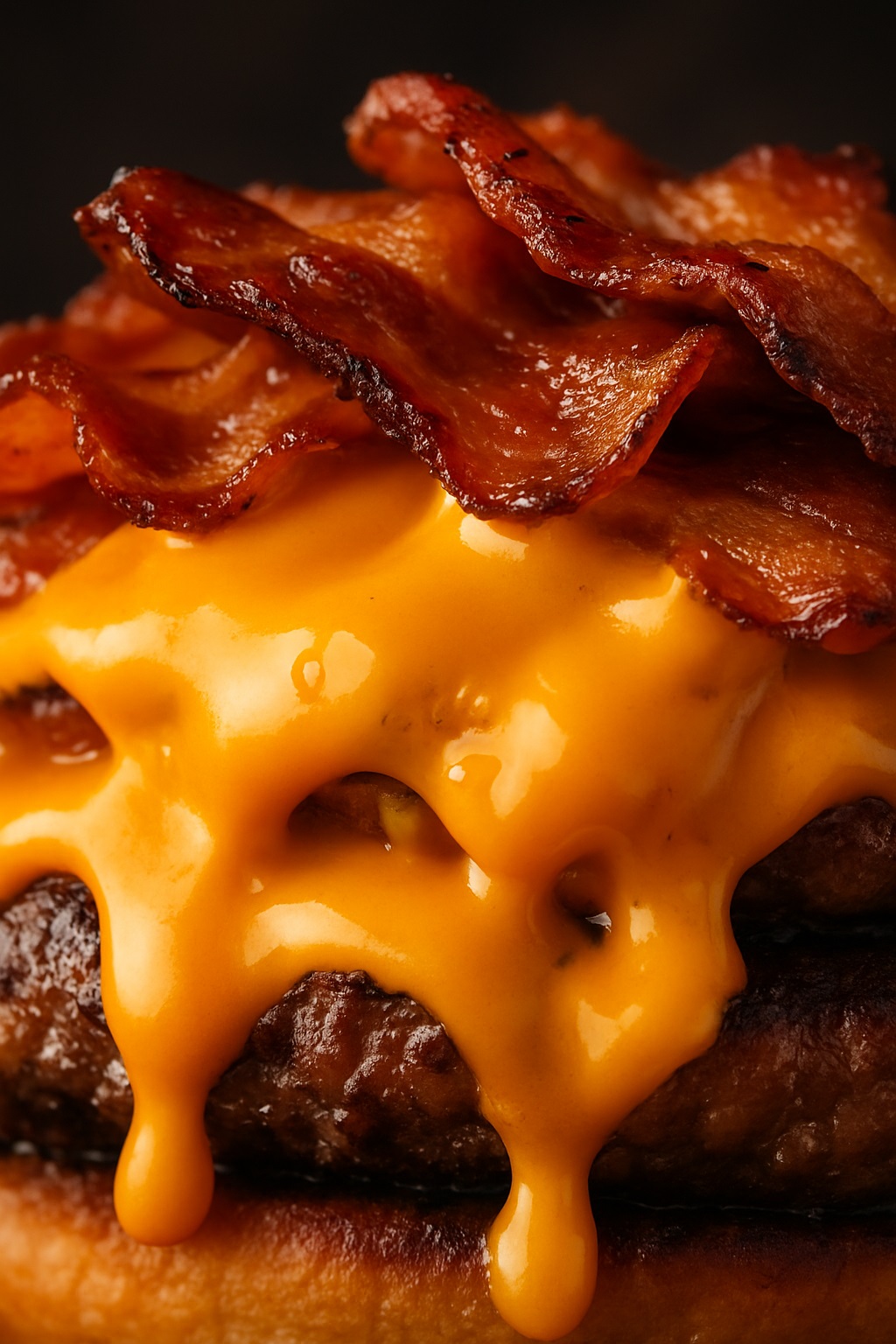 Detalhe do hambúrguer artesanal com cheddar derretido e bacon crocante